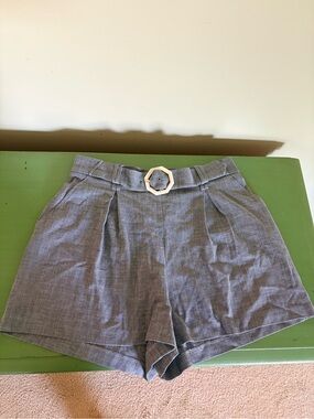 Rachel Zoe Gray High-Waist Pleated Shorts with Octagon Buckle